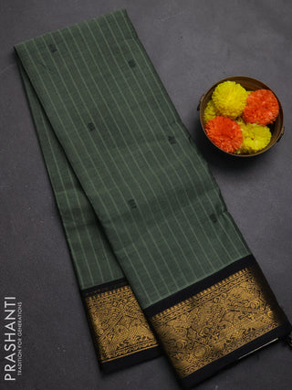 Chettinad cotton saree greyish green and black with thread stripe & buttas and zari woven border