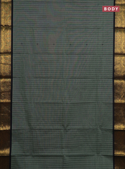 Chettinad cotton saree greyish green and black with thread stripe & buttas and zari woven border