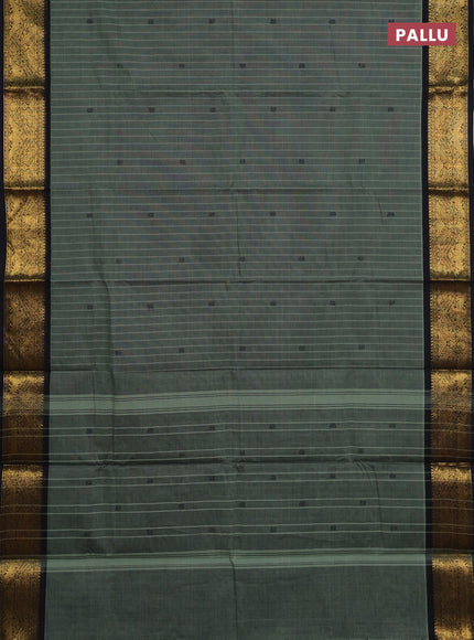 Chettinad cotton saree greyish green and black with thread stripe & buttas and zari woven border