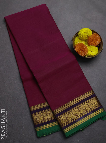 Chettinad cotton saree maganta pink and green with plain body and zari woven border