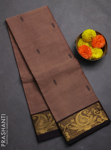 Chettinad cotton saree pastel brown and black with thread woven buttas and zari woven border