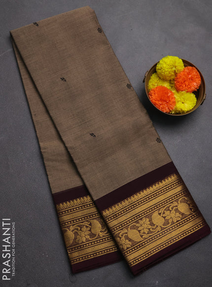 Chettinad cotton saree chikku shade and deep wine shade with thread woven buttas and zari woven border