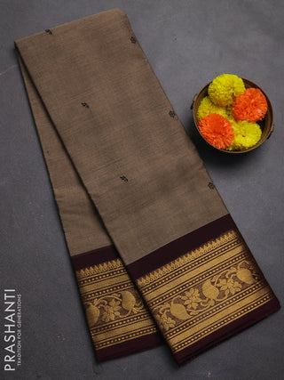 Chettinad cotton saree chikku shade and deep wine shade with thread woven buttas and zari woven border