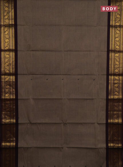 Chettinad cotton saree chikku shade and deep wine shade with thread woven buttas and zari woven border
