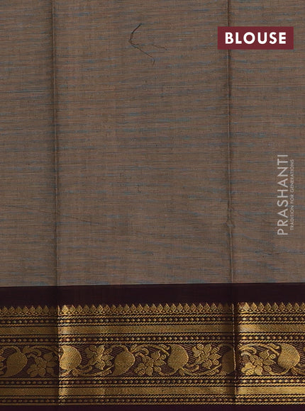 Chettinad cotton saree chikku shade and deep wine shade with thread woven buttas and zari woven border