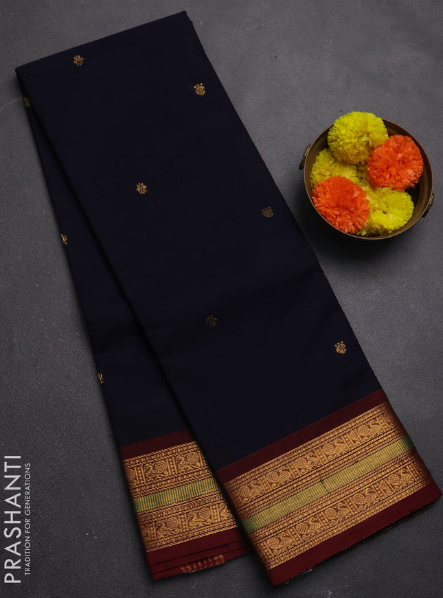 Chettinad cotton saree navy blue and deep maroon with zari woven buttas and zari woven border