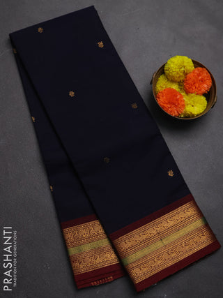Chettinad cotton saree navy blue and deep maroon with zari woven buttas and zari woven border