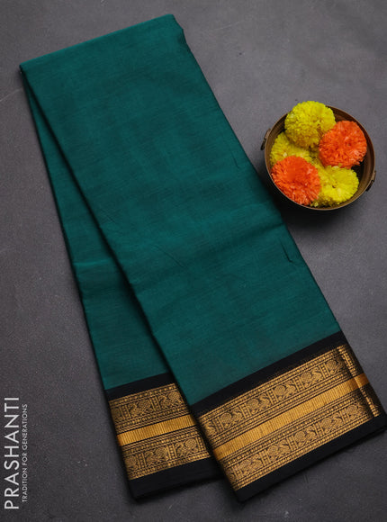 Chettinad cotton saree peacock green and black with plain body and zari woven border