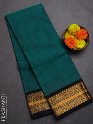 Chettinad cotton saree peacock green and black with plain body and zari woven border