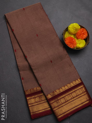 Chettinad cotton saree brown and deep maroon with thread woven buttas and zari woven border