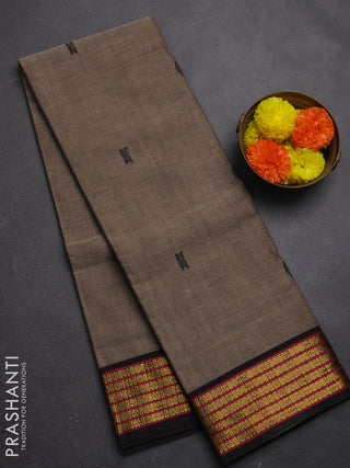 Chettinad cotton saree chikku shade and coffee brown with thread woven buttas and zari woven border