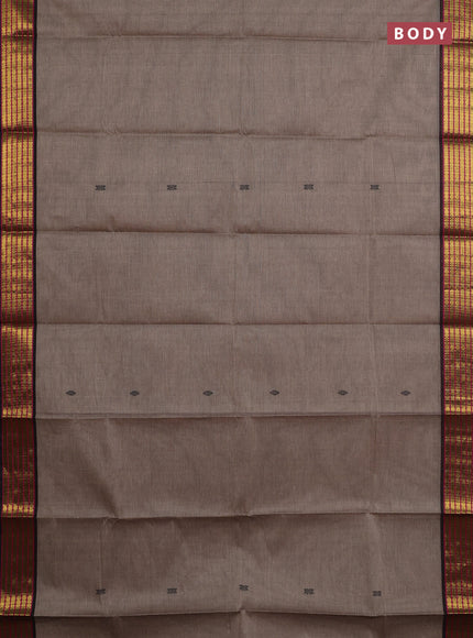 Chettinad cotton saree chikku shade and coffee brown with thread woven buttas and zari woven border