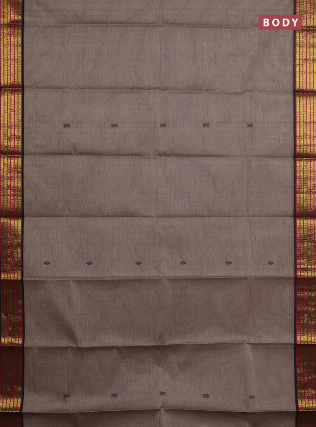 Chettinad cotton saree chikku shade and coffee brown with thread woven buttas and zari woven border
