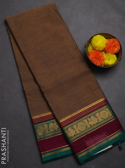 Chettinad cotton saree pastel brown and magenta pink with plain body and rettapet zari woven border