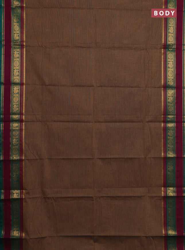 Chettinad cotton saree pastel brown and magenta pink with plain body and rettapet zari woven border