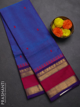 Chettinad cotton saree blue and violet with thread woven buttas and rettapet zari woven border