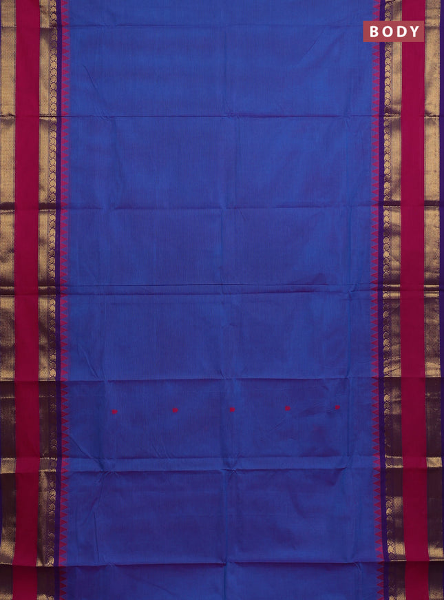 Chettinad cotton saree blue and violet with thread woven buttas and rettapet zari woven border