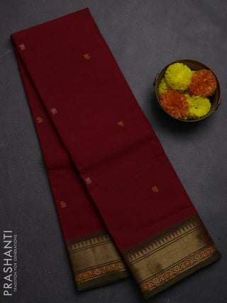 Chettinad cotton saree red and mehendi green with thread woven buttas and zari woven border