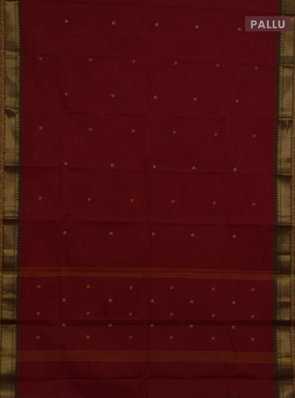 Chettinad cotton saree red and mehendi green with thread woven buttas and zari woven border