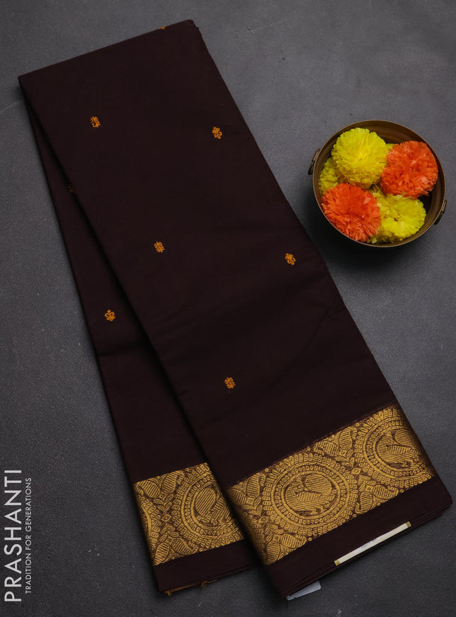 Chettinad cotton saree coffee brown with thread woven buttas and zari woven border