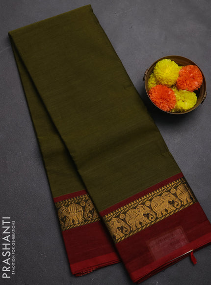 Chettinad cotton saree mehendi green and maroon with plain body and zari woven simple border