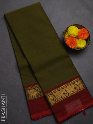 Chettinad cotton saree mehendi green and maroon with plain body and zari woven simple border