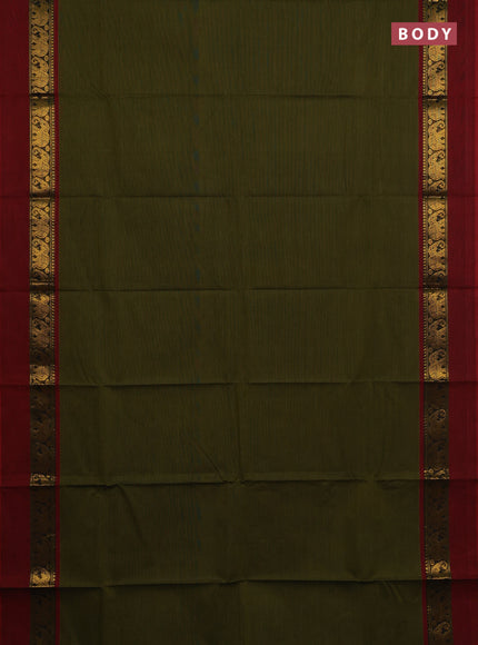 Chettinad cotton saree mehendi green and maroon with plain body and zari woven simple border