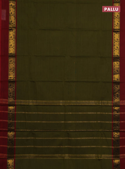 Chettinad cotton saree mehendi green and maroon with plain body and zari woven simple border