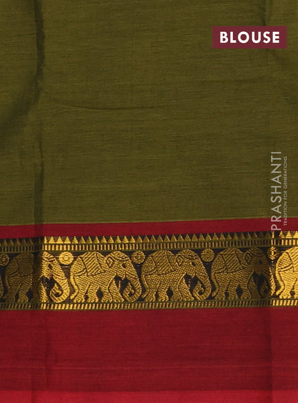 Chettinad cotton saree mehendi green and maroon with plain body and zari woven simple border