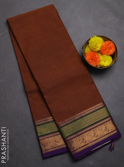 Chettinad cotton saree dark mustard and violet with plain body and zari woven border