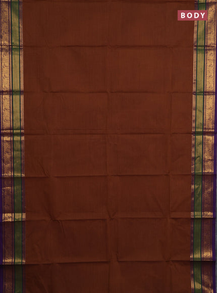 Chettinad cotton saree dark mustard and violet with plain body and zari woven border
