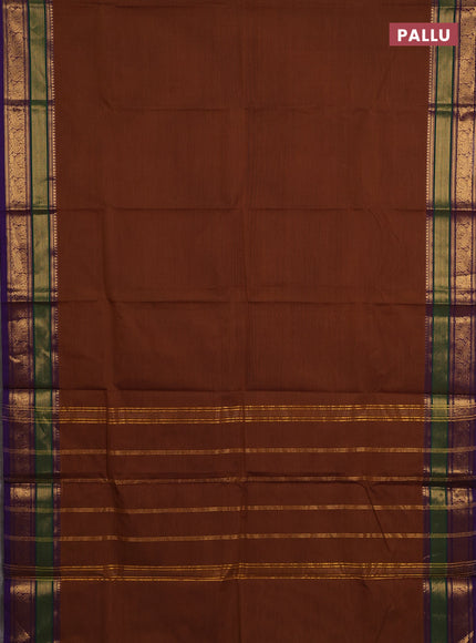 Chettinad cotton saree dark mustard and violet with plain body and zari woven border