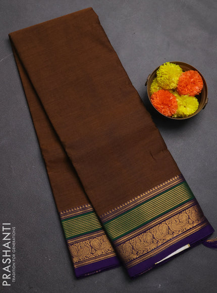 Chettinad cotton saree brown and violet with plain body and zari woven border