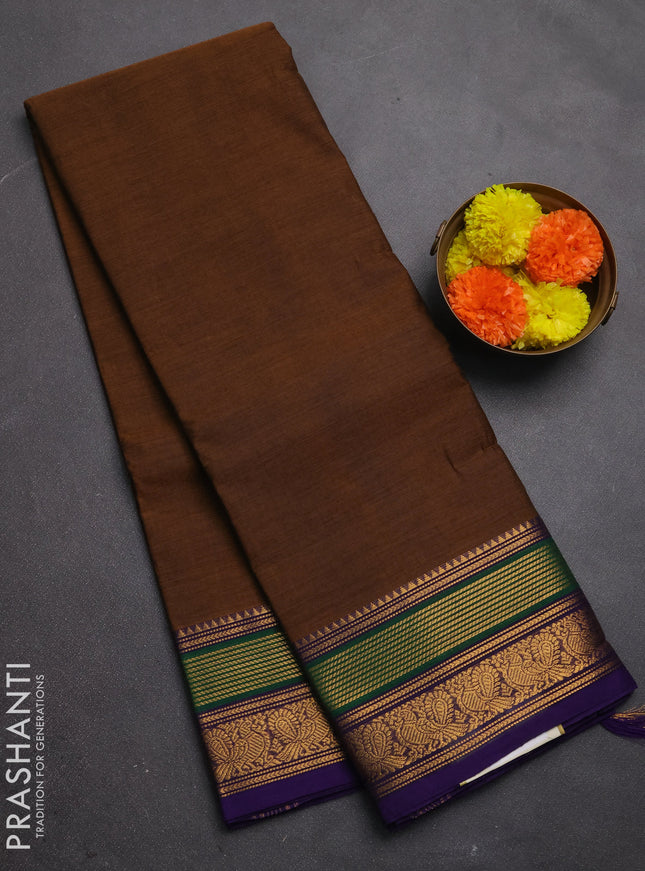 Chettinad cotton saree brown and violet with plain body and zari woven border