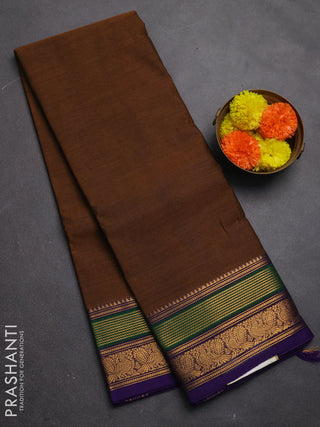 Chettinad cotton saree brown and violet with plain body and zari woven border