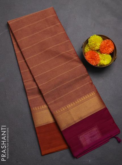 Chettinad cotton saree rust shade and magenta pink with allover stripe pattern and zari woven simple border