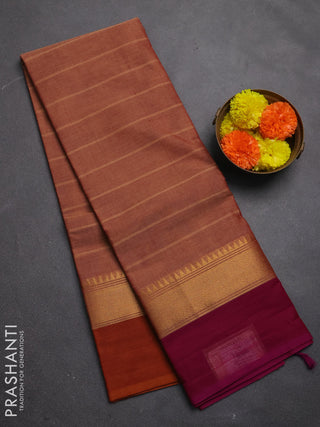 Chettinad cotton saree rust shade and magenta pink with allover stripe pattern and zari woven simple border