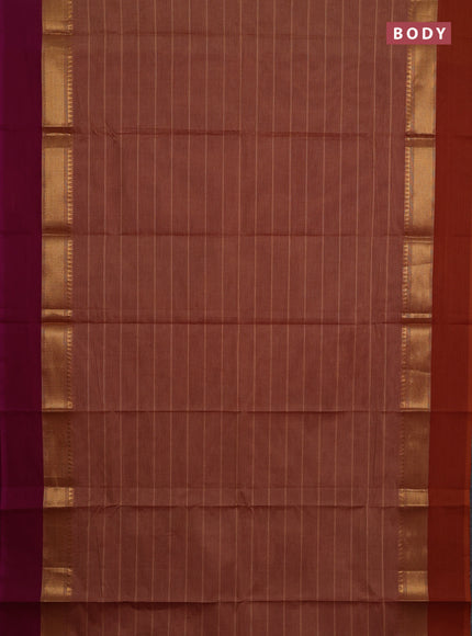 Chettinad cotton saree rust shade and magenta pink with allover stripe pattern and zari woven simple border