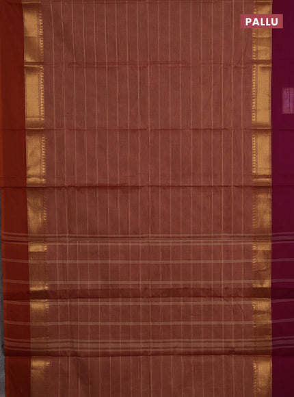 Chettinad cotton saree rust shade and magenta pink with allover stripe pattern and zari woven simple border
