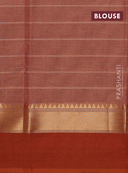 Chettinad cotton saree rust shade and magenta pink with allover stripe pattern and zari woven simple border