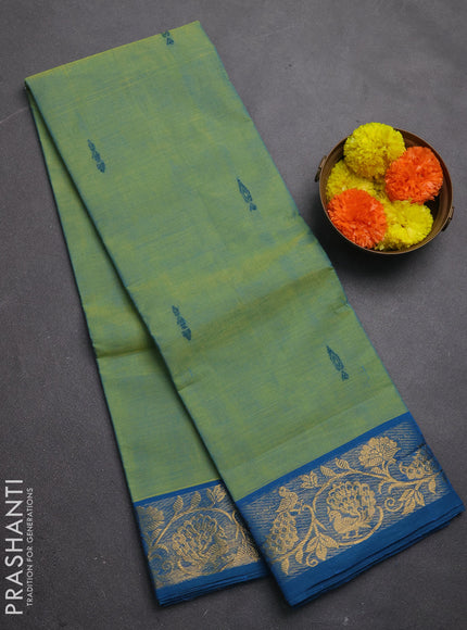 Chettinad cotton saree dual shade of bluish green and cs blue with thread woven buttas and zari woven border