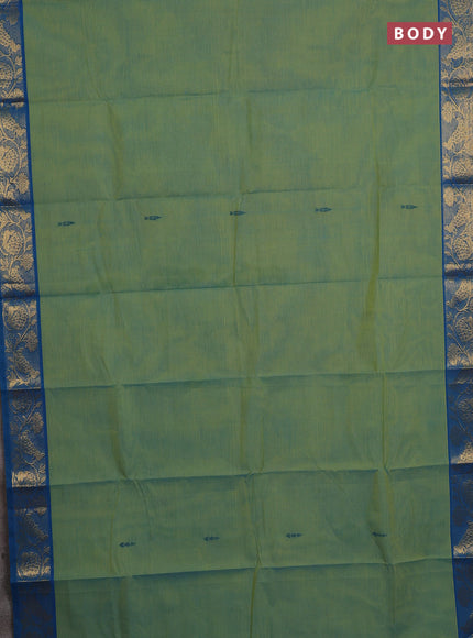 Chettinad cotton saree dual shade of bluish green and cs blue with thread woven buttas and zari woven border