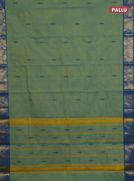 Chettinad cotton saree dual shade of bluish green and cs blue with thread woven buttas and zari woven border
