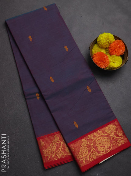 Chettinad cotton saree dual shade of bluish pink and red with thread woven buttas and zari woven border