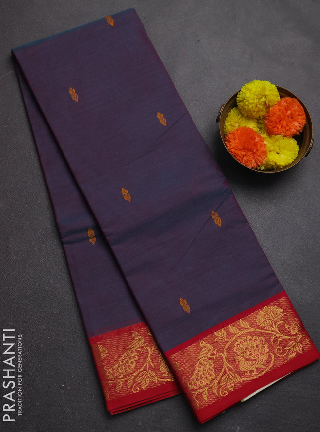Chettinad cotton saree dual shade of bluish pink and red with thread woven buttas and zari woven border
