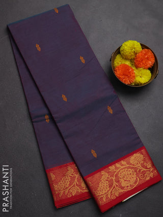 Chettinad cotton saree dual shade of bluish pink and red with thread woven buttas and zari woven border
