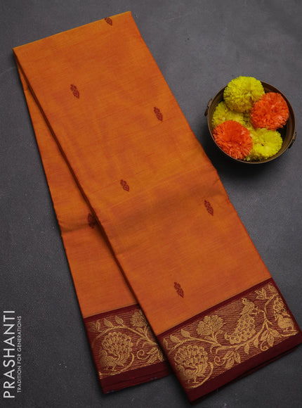 Chettinad cotton saree mustard yellow and maroon with thread woven buttas and zari woven border