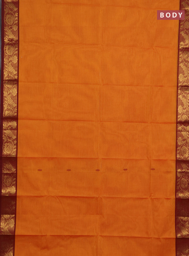 Chettinad cotton saree mustard yellow and maroon with thread woven buttas and zari woven border