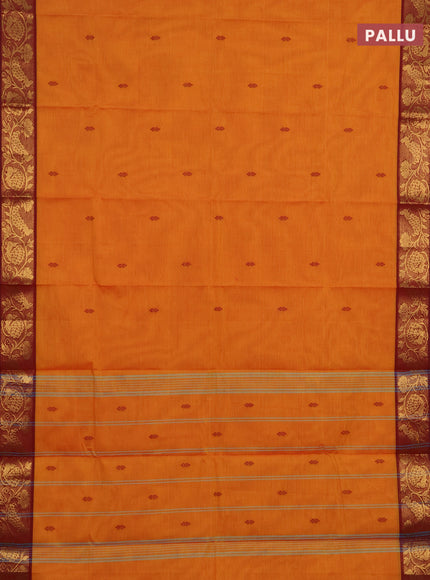 Chettinad cotton saree mustard yellow and maroon with thread woven buttas and zari woven border