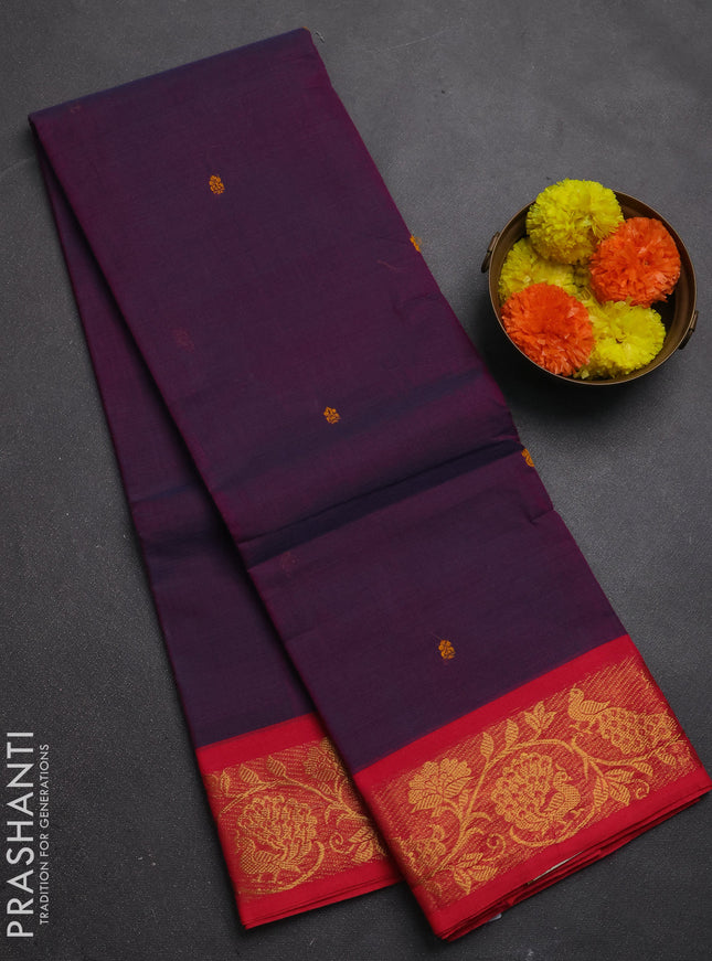 Chettinad cotton saree purple and pink with thread woven buttas and zari woven border